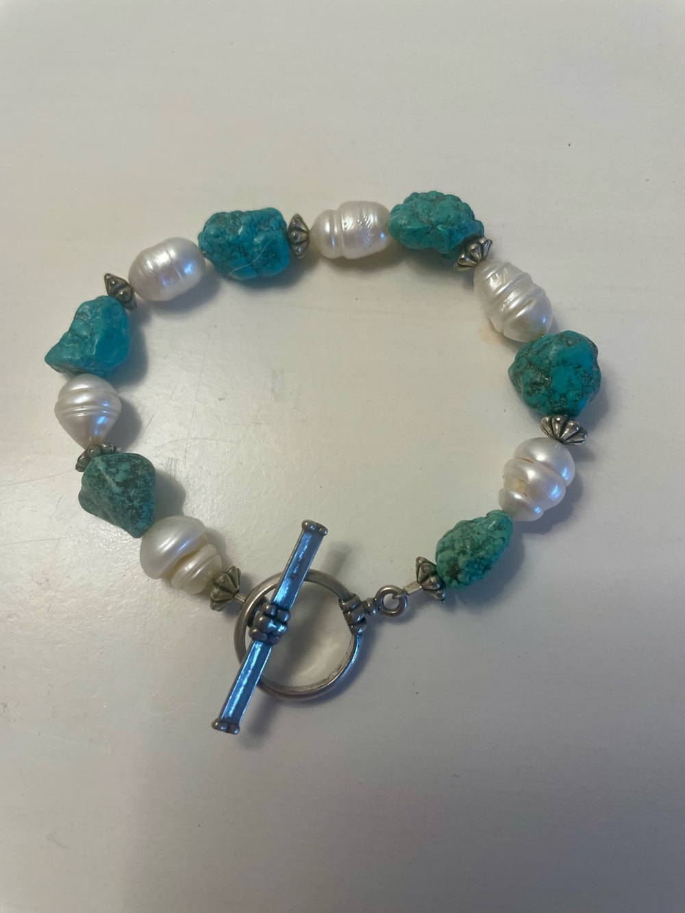 Turquoise and Freshwater Pearl Bracelet  Sterling Silver Toggle Clasp  Boho